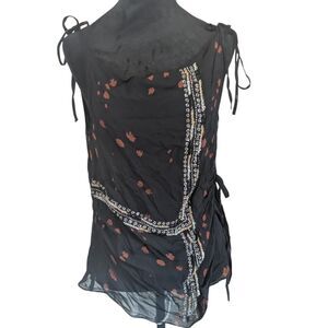 Zara ZW Collection Beaded Floral Print Top Cowl Neck Tie Shoulder Black S